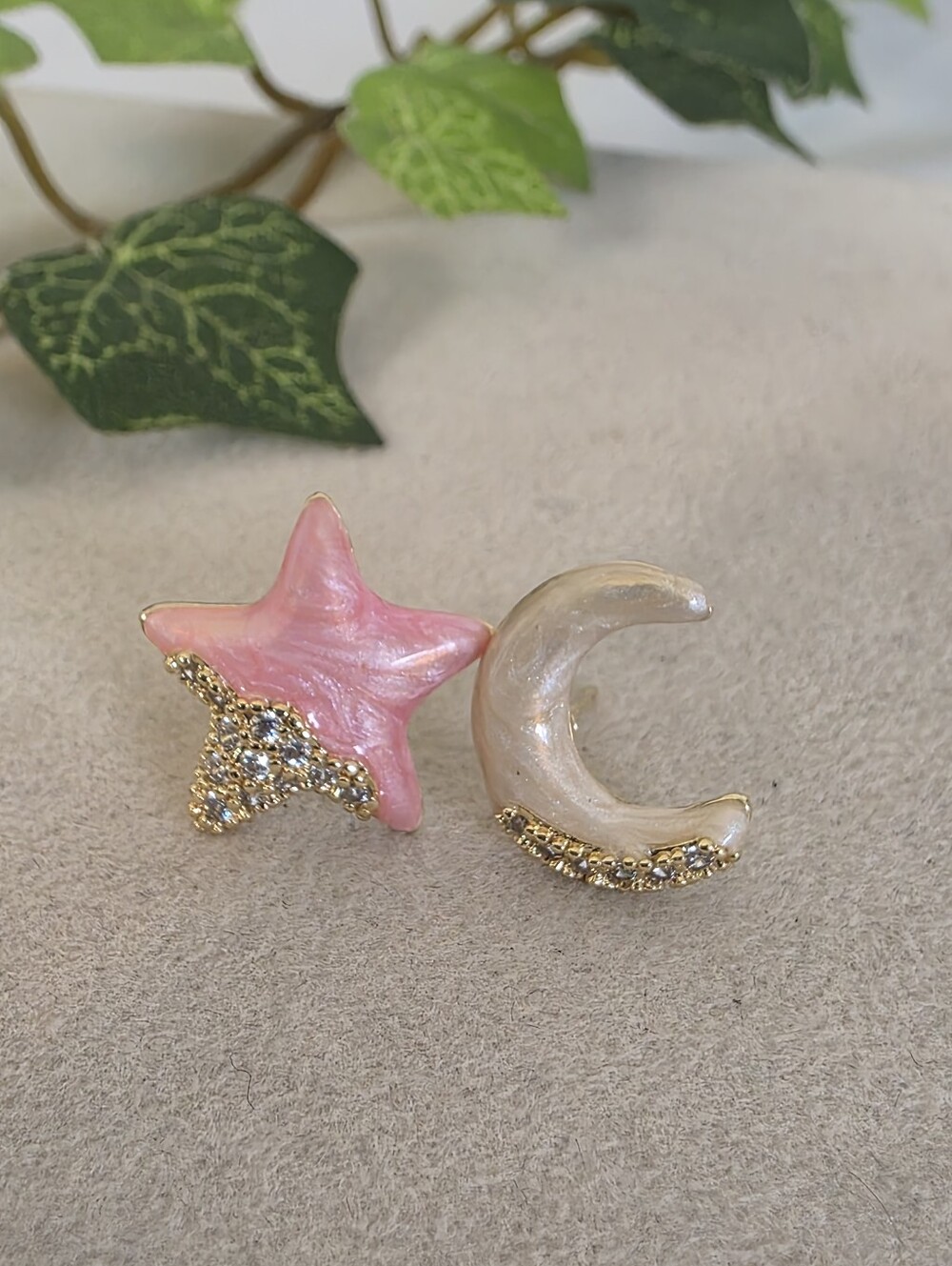 ​Gold Filled Mismatched Star & Moon Stud Earrings Pink Enamel Crescent CZ